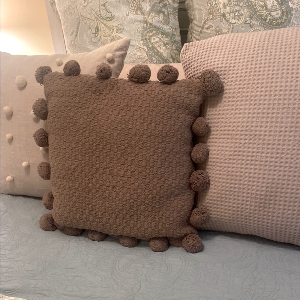 3 Throw Pillow Cases Linen EA, Brown Pom Pom and Waffle